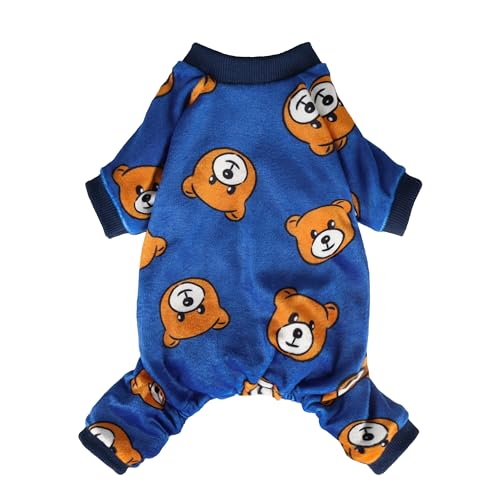 Fitwarm Hunde-Pyjama, Hundekleidung für kleine Hunde, Jungen, Mädchen, Fleece-Einteiler mit Füßen, Königsblau, Braun, Größe S