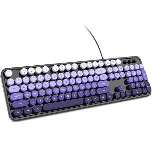 Image of KNOWSQT Wired Computer Keyboard - Blackpurple Colorful Retro Full Size Round Keycaps Plug and Play Typewriter Cute Keyboards for Windows, Laptop, PC, Desktop, Computer