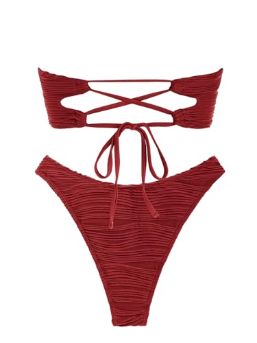 Image of ZAFUL Women Strapless Textured Bandeau Bikini 2 Piece Swimwear Cheeky Solid Lace up Bathing Suits