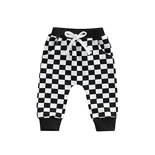 Infant Baby Boys Pants, Toddler Boy Joggers Pants Casual Trousers Plaid Harem Pants for Boy (Plaid Drawstring Black, 6-12 Months)