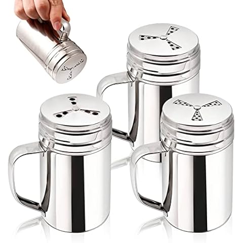 Dualshine 3Pcs Large Salt and Pepper Shakers with Handle, Kitchen Stainless Steel Salt Shaker Seasoning Bottle Container Dry Rub Spice Dispenser with Lid Holes for Salt/Pepper/Cinnamon/Powder Cover