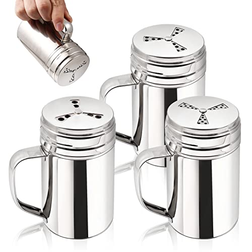 3Pcs Large Salt and Pepper Shakers with Handle, Kitchen Stainless Steel Salt Shaker Seasoning Bottle Container Dry Rub Spice Dispenser with Lid Holes for Salt/Pepper/Cinnamon/Powder Sugar/BBQ