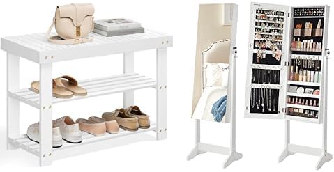 SONGMICS Shoe Rack Bench, Jewelry Cabinet Armoire with 2 Plastic Cosmetic Storage, ULBS004W01 and UJJC002W01