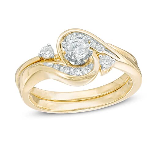 Round Cut White Diamond Frame Bypass Bridal Ring Set for Women's in 925 Sterling Silver 14K Yellow Gold Finish