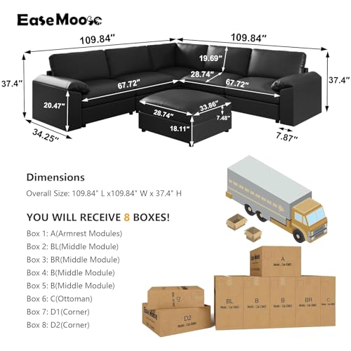 Image of EASE MOOSE Oversized Modular Sectional Couch with Ottoman, Vintage Faux Leather Sectional Sofa with Deep Seat, Scratch Resistant Faux Leather Material, Extra Large L Shaped Couch,Deep Black