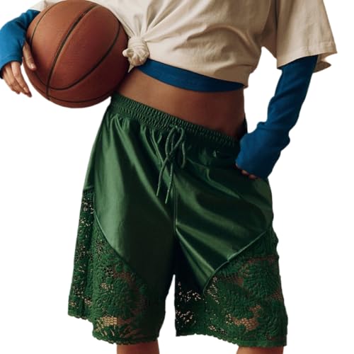 Lace Trim Satin High Waisted Bermuda Shorts Women Knee Length Cute Basketball Shorts Y2k (Green,X-Large)