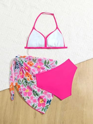 WDIRARA Girl's 3 Piece Swimsuit Bathing Suit Halter Backless Swimwear Set with Floral Print Cover Up Skirt2