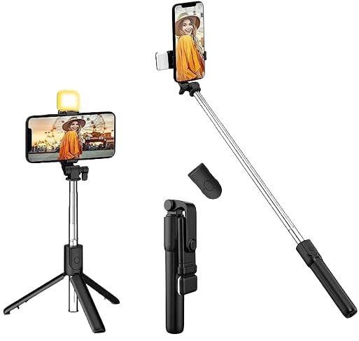 ZOOMLION Selfie Stick with LED Fill Light, Phone Tripod Stand with Detachable Bluetooth Wireless Remote Compatible with iPhone 12/11/XR/X/Pro, Galaxy S10 and More(Black-White Lights)