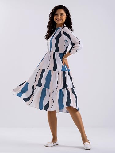 Image of AASK Women Diamond Creap Striped Printed Mandarin Collar Fit & Flare Dresss
