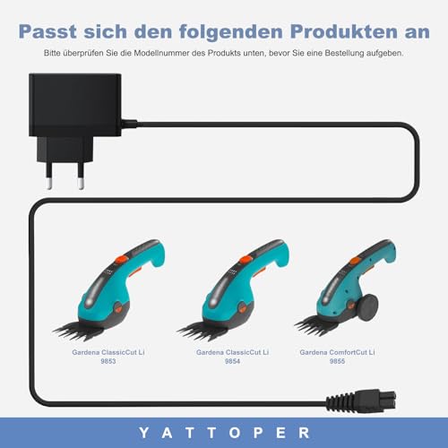 Yattoper Ladegeräte Kompatibel mit Gardena Set ClassicCut Li 9853/9854/9855 ComfortCut Li 9856/9857/9858 Grasschere，schwarz (Nicht kompatibel mit AkkuCut Li und USB-C Anschluss)