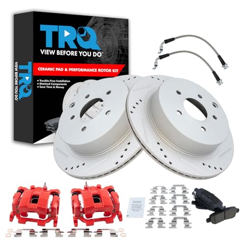 Image of TRQ Performance Rear Brake Pad and Rotor Kit Ceramic Slotted Drilled | For 2013 Infiniti JX35 14-18 Infiniti QX60 09-18 Nissan Murano 11-17 Quest 13-20 Pathfinder