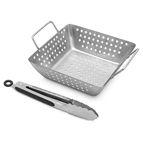 NEVRY BBQ Grill Basket and Tongs - Stainless Steel Silver - Medium Size Tray with High Sides - Outdoor Barbecue Grilling for Vegetables, Meat, and Prawns - Comes with Spring Loaded Tongs Cover