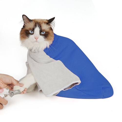 Pawfun Cat Wrap for Cutting Nails Self-Adhesive Cat Nail Clipping Restraint Bag Anti-Scratch Cat Grooming Wrap Swaddle for Meds SubQ Fluids Ear Cleaning Teeth Brushing & Vet Visits Blue S