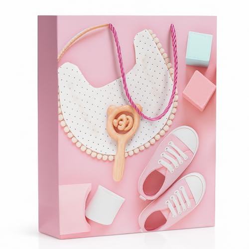 Sacola De Presente Baby com Glitter 32x26x10cm – Tema Infantil Para Chá De Bebê E Nascimento (Rosa - Chocalho)