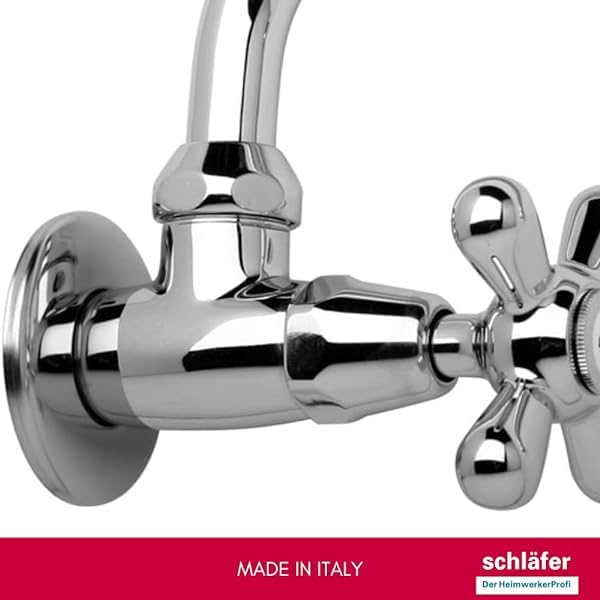 Schläfer 3460310 - Grifo de cocina de pared individual para fregadero con perilla vintage, grifo de pared de agua fría para lavabo, grifo de pared 1/2 antiguo boquilla giratoria en U 180 mm, cromo