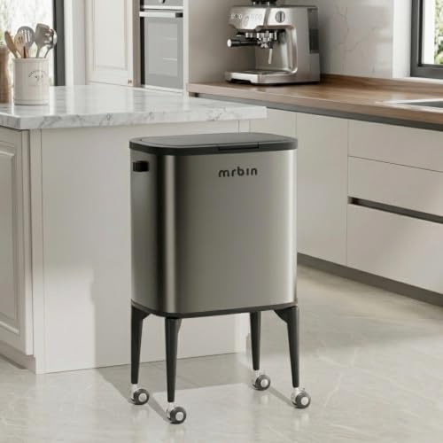 Image of MRBIN Metal Kitchen Trash Can with Wheel Legs, 36L / 9.5gal Medium Press Lid Slim Removable Waste Basket, Pet Proof Tall Narrow Garbage Pail for Vanity, Bedroom, Bathroom, Living Room, Eclipse Grey