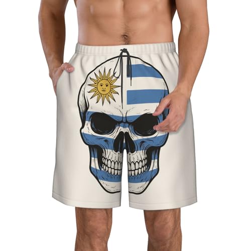 Uruguay Flag Skeleton Print Stylish Beach Shorts Swim Trunks Lightweight Breathable Summer Outdoor Activities