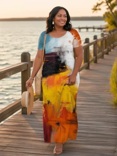 Image of PinkPatty Plus Size Dress for Women Casual Crew Neck Short Sleeve Maxi Dress Oversized Summer Beach Dresses with Pockets