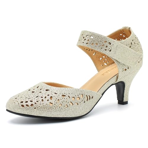 Image of Women's Comfortable Mary Jane Pumps Vintage Cutout Closed Toe Kitten Heels for Dressy Office Work