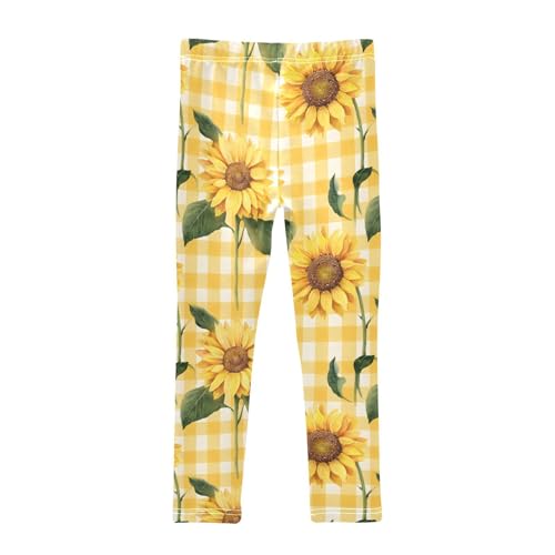 Sunflower Yellow White Checkered Pattern Girls Leggings Ultra Soft Compression Yoga Gym Pants for Kids 4-10T2