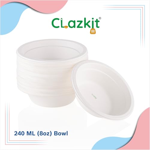 Image of Clazkit 240 Ml, 50-Pack Round Compostable Bagasse Bowls | Disposable Eco-Friendly Biodegradable Dinner | Party, Wedding, Event