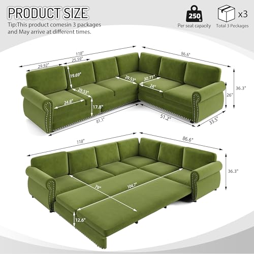 Image of KCGKCG 118 inch Sleeper Sofa Bed, Sectional Couches for Living Room /Apartment, Chenille L Shaped Couch with Pull Out Couch Bed, Convertible Sectional Sofa with Rolled Arm & Nailhead Trim, Light Green