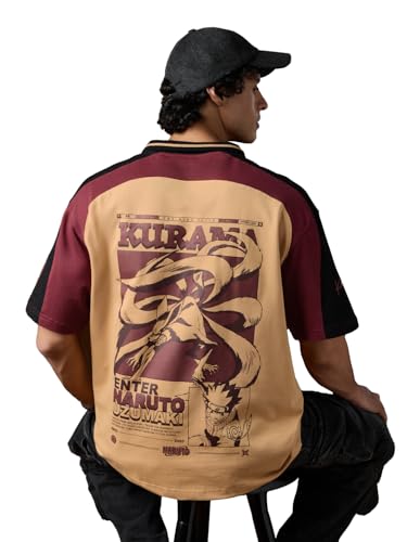 Image of The Souled Store Naruto: Kurama's Fury Men and Boys Short Sleeves Collared Neck Beige Graphic Printed Cotton Oversized Polos