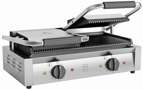 METRO Professional Plancha con doble Panini grill GPG2201, acero inoxidable, 57 x 36 x 20 cm, rango de temp.: 50 300° C, 55 paninis cada 60 minutos, plata
