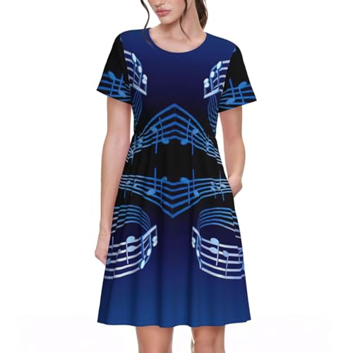 Robe d'été ample avec poches cachées : solution confort bleue imprimé musique pour femme