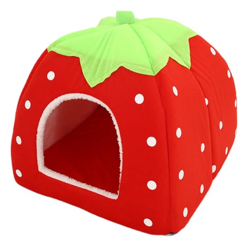 Katzenbett, süße Cartoon-Erdbeer-Katzenhöhle mit Matte, faltbares Welpenhaus für Zuhause, Schlafsaal, kleine Haustiere, Wohnen, 25, 4 x 25, 4 x 27, 9 cm, Katzenbetten, Katzenbetten für Hauskatzen, Kat