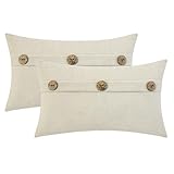 HWY 50 Cream White Chenille Throw Pillow Covers 12x20 Inch with Triple Buttons, Soft Farmhouse Accent Decorative Cushion Cases for Couch Sofa Bed Living Room Pack of 2 Rectangle