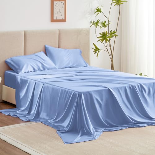 Love's cabin Satin Queen Sheets Set - 4 Piece Sky Blue Silky Bed Sheets with Deep Pocket, Luxury Silk Feel Satin Queen Size Sheet Set (1 Flat Sheet,1 Fitted Sheet,2 Pillow Cases)