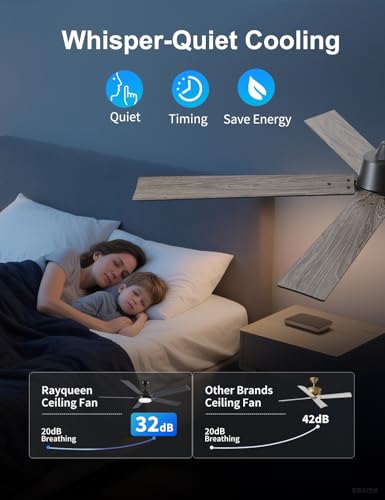 Image of Rayqueen 60 Inch Black Ceiling Fans with Lights and Remote,Includes Downrod