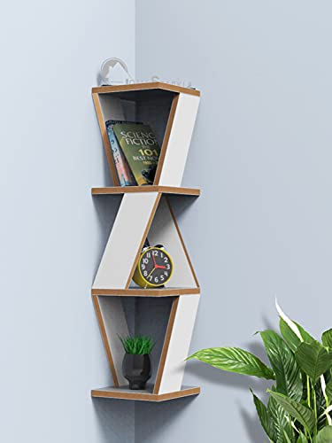 Image of Home Sparkle Triangular Corner Wall Shelf MDF Wall Shelf Rack Wall Mounted Floating Shelves (White)