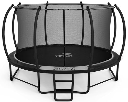 BCAN Trampoline 10FT 12FT 14FT Recreational Trampoline with Enclosure for Kids Adults, ASTM Approved, Outdoor Trampoline with Wind Stakes and Ladder for Kids Apex Series