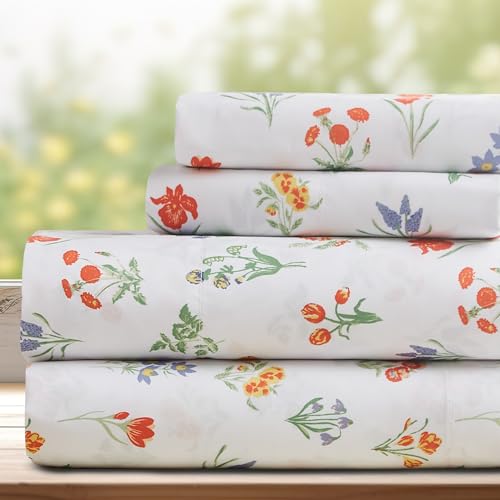 Image of DREAMCARE Queen Sheet Set - 4 pcs Breathable Cooling Sheets - up to 15 inch Deep Pocket Queen Sheets Set with Side Pockets - Extra Soft 100% Brushed Hypoallergenic Hotel Luxury Bedding - Multi Floral
