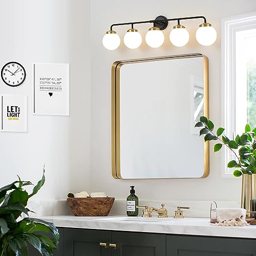 Image of Bathroom Light Fixtures 39in 5-Light Black Gold Vanity Lights for Mirror | Bathroom Lighting Fixtures over Mirror, ETL, Brushed Brass Wall Sconce, Dimmable E12 Base Max 60W, Milky Glass Ball Shades