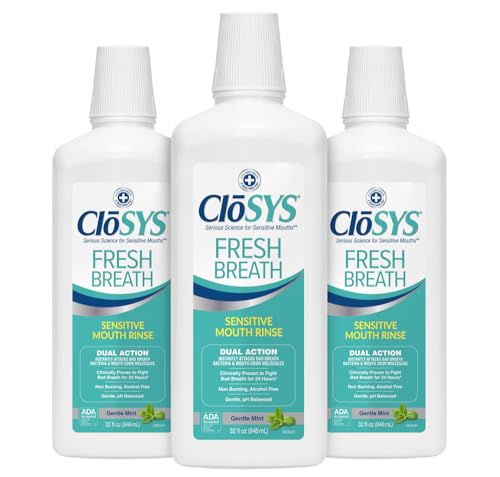 CloSYS Mouthwash, 32 Ounce, 3 Count, Fresh Breath Mouthwash, Gentle Mint, Alcohol Free, Dye Free, pH Balanced Mouth Wash, Helps Soothe Entire Mouth, Fights Bad Breath