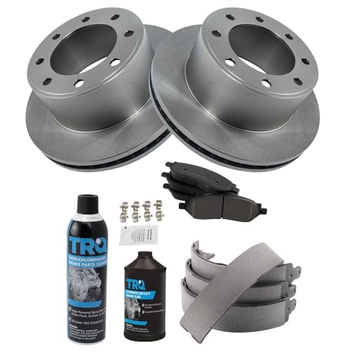 Image of TRQ Rear Brake Pad & Rotor Kit, with Chemical Kit Parking Brake Shoe Set Semi-Metallic Compatible with 2005-2007 Ford F-250 Super Duty F-350 Super Duty