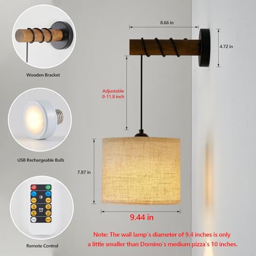 Image of XSDeTu Rechargeable Battery Operated Wall Sconces Set of 2, Modern Battery Powered Wall Light with Wooden Arm & Remote Control, Adjustable 3 Colors Dimmable Wall Lamps for Bedroom, Living Room