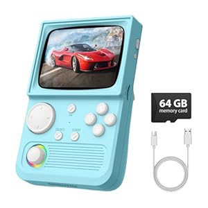 R36T Retro Gaming Console, 3.5” IPS Screen CRT-Inspired, Handheld Game Console with 18000+ Classic Games Supports WiFi Networked Fighting and OTG, 3500mAh Battery, with Portable Case（Blue 64GB）