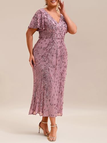 Image of Ever-Pretty Plus Women's Sequin V Neck Plus Size Prom Dress Mermaid Formal Cocktail Evening Dresses for Curvy Women