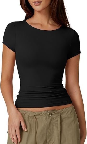 Women's Crew Neck Short Sleeve Tees Double Lined Slim Fit T Shirt Basic Y2K Tops, M