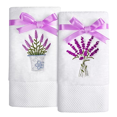 Quera 2 Pack Lavender Hand Towels 100 Percent Cotton Embroidered Premium Luxury Decor Bathroom Decorative Dish Set For Drying, Cleaning, Cooking, 13.7'' X 29.5'', White,Purple #TOP3