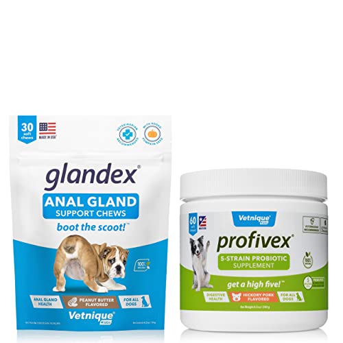 Vetnique Profivex 5-Strain Probiotic Soft Chews (60Ct) & Glandex Anal Gland Support Peanut Butter Soft Chews (30Ct Peanut Butter) For Dogs Bundle #TOP13