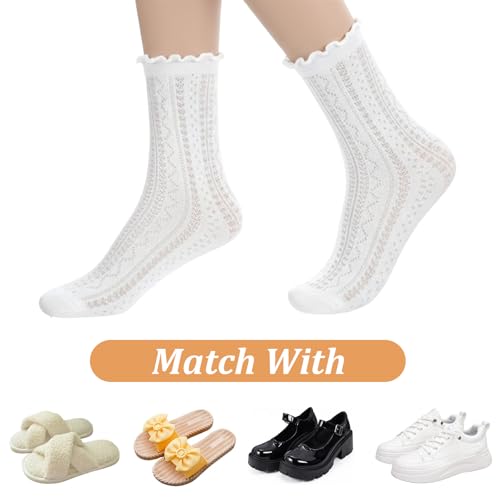 Ouligay 2 Paar Socken Damen Spitzen Söckchen mit Rüschen socke Weiß Baumwolle Socke mit Rüschen 39-42 Atmungsaktive Sportsocken Damensocken Meshsocken für Damen Mädchen Prinzessin Kleidsocken