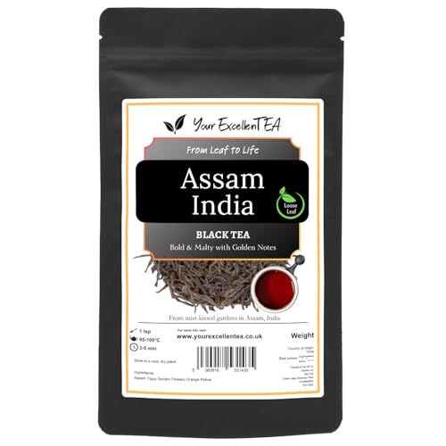 Assam India Tea Loose Leaf Black Tea (150g) Tippy Golden Flowery Orange Pekoe Pure Natural Dried Leaves Full-Bodied Aromatic Perfect for a Morning Relaxation Hot Iced or Cold Brew, Resealable Pouch
