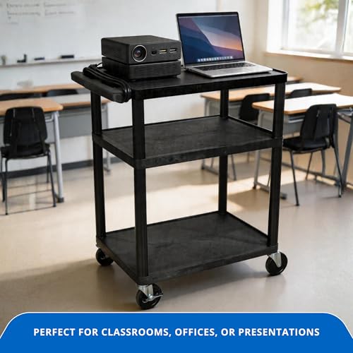 Image of FSE 373-LP34E-B 34 inch AV Cart, 3-Shelf Electric Utility Cart with 300 lb Capacity, 24 inch x 18 inch Molded Plastic Shelves, Built-in 3-Outlet Power Strip with 15' Cord, 4 inch Locking Casters, Black