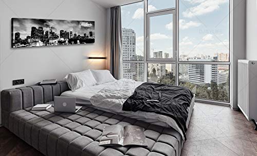 Image of Black and White Los Angeles Skyline Canvas Wall Art Framed 13.8 inch x 47.3 inch | Panoramic Skyline Print, Ready to Hang for Bedroom, Office, Living Room Decoration