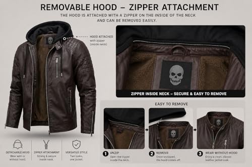 Image of Blaq Ash Men's Faux Leather Biker Jacket with Removable Hood, Quilted Shoulder, Dark Brown